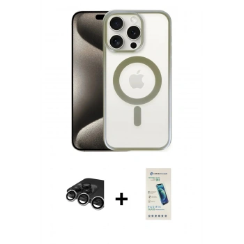 MARSİLYAN™- iPhone 15 Pro Max Kılıf Siluet Çizgi Serisi - Şeffaf Pasifik Cam Ekran Koruyucu + Raze Metal Kamera Lens - GS