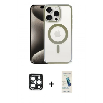MARSİLYAN™- iPhone 15 Pro Max Kılıf Siluet Çizgi Serisi - Şeffaf Pasifik Cam Ekran Koruyucu + PVD Metal Kamera Lens - LT