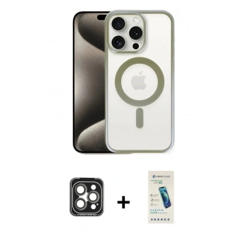 MARSİLYAN™- iPhone 15 Pro Max Kılıf Siluet Çizgi Serisi - Şeffaf Pasifik Cam Ekran Koruyucu + PVD Metal Kamera Lens - GI