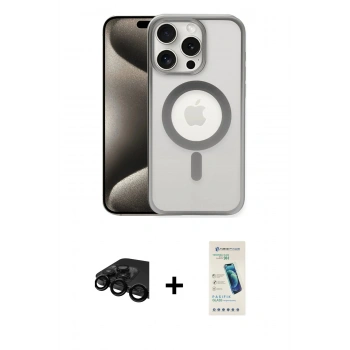 MARSİLYAN™- iPhone 15 Pro Max Kılıf Siluet Çizgi Serisi - Şeffaf Pasifik Cam Ekran Koruyucu + Raze Metal Kamera Lens - SH