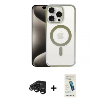 MARSİLYAN™- iPhone 15 Pro Max Kılıf Siluet Çizgi Serisi - Şeffaf Pasifik Cam Ekran Koruyucu + Raze Metal Kamera Lens - TMGI
