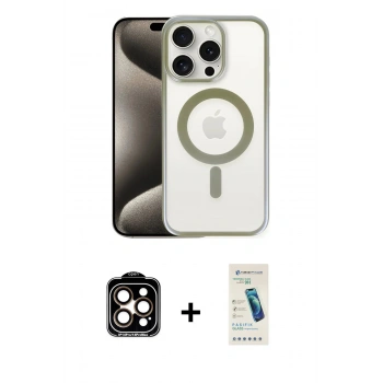 MARSİLYAN™- iPhone 15 Pro Max Kılıf Siluet Çizgi Serisi - Şeffaf Pasifik Cam Ekran Koruyucu + PVD Metal Kamera Lens - TU
