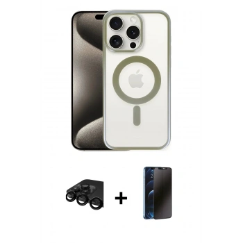 MARSİLYAN™- iPhone 15 Pro Max Kılıf Siluet Çizgi Serisi - Siyah 3D Antistatik Hayalet Cam Ekran Koruyucu + Raze Metal Kamera Lens - SH