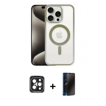 MARSİLYAN™- iPhone 15 Pro Max Kılıf Siluet Çizgi Serisi - Siyah 3D Antistatik Hayalet Cam Ekran Koruyucu + PVD Metal Kamera Lens - SH