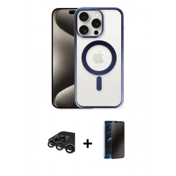 MARSİLYAN™- iPhone 15 Pro Max Kılıf Siluet Çizgi Serisi - Siyah 3D Antistatik Hayalet Cam Ekran Koruyucu + Raze Metal Kamera Lens - TMGI