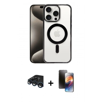 MARSİLYAN™- iPhone 15 Pro Max Kılıf Siluet Çizgi Serisi - Siyah 3D Antistatik Mat Seramik Nano Ekran Koruyucu + Raze Metal Kamera Lens - LT