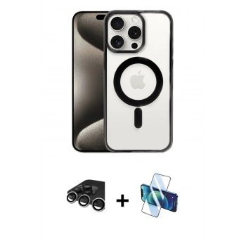 MARSİLYAN™- iPhone 15 Pro Max Kılıf Siluet Çizgi Serisi - Siyah 3D Antistatik Seramik Nano Ekran Koruyucu + Raze Metal Kamera Lens - GS