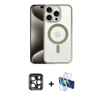 MARSİLYAN™- iPhone 15 Pro Max Kılıf Siluet Çizgi Serisi - Siyah 3D Antistatik Seramik Nano Ekran Koruyucu + PVD Metal Kamera Lens - LT