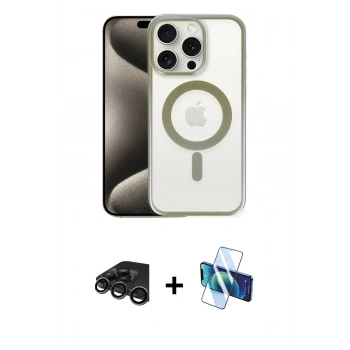 MARSİLYAN™- iPhone 15 Pro Max Kılıf Siluet Çizgi Serisi - Siyah 3D Antistatik Seramik Nano Ekran Koruyucu + Raze Metal Kamera Lens - TMGI
