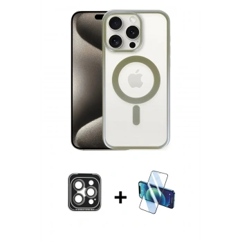 MARSİLYAN™- iPhone 15 Pro Max Kılıf Siluet Çizgi Serisi - Siyah 3D Antistatik Seramik Nano Ekran Koruyucu + PVD Metal Kamera Lens - GI
