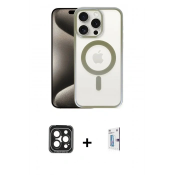 MARSİLYAN™- iPhone 15 Pro Max Kılıf Siluet Çizgi Serisi - Siyah Bilvis 0.18mm Plus Cam Ekran Koruyucu + PVD Metal Kamera Lens - SH