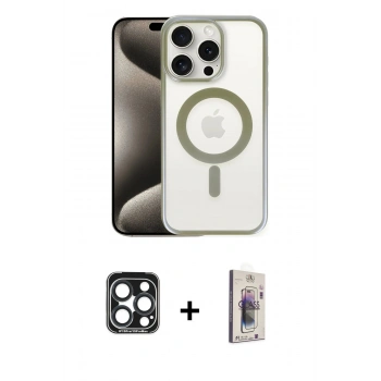 MARSİLYAN™- iPhone 15 Pro Max Kılıf Siluet Çizgi Serisi - Siyah Bilvis 3D Cam Ekran Koruyucu + PVD Metal Kamera Lens - LT