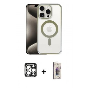 MARSİLYAN™- iPhone 15 Pro Max Kılıf Siluet Çizgi Serisi - Siyah Bilvis 3D Cam Ekran Koruyucu + PVD Metal Kamera Lens - GS