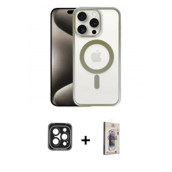 MARSİLYAN™- iPhone 15 Pro Max Kılıf Siluet Çizgi Serisi - Siyah Bilvis 3D Cam Ekran Koruyucu + PVD Metal Kamera Lens - SH