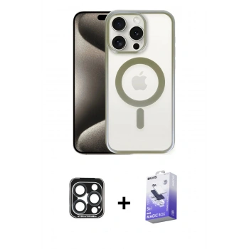 MARSİLYAN™- iPhone 15 Pro Max Kılıf Siluet Çizgi Serisi - Siyah Bilvis 5in1 5D Magic Hayalet Cam Ekran Koruyucu + PVD Metal Kamera Lens - LT