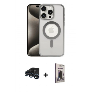 MARSİLYAN™- iPhone 15 Pro Max Kılıf Siluet Çizgi Serisi - Siyah Bilvis Hayalet Cam Ekran Koruyucu + Raze Metal Kamera Lens - LT