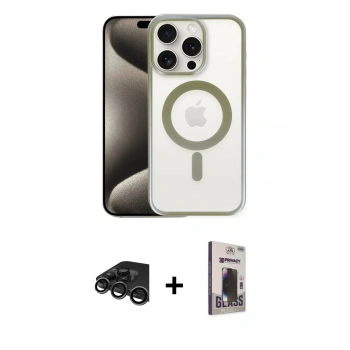 MARSİLYAN™- iPhone 15 Pro Max Kılıf Siluet Çizgi Serisi - Siyah Bilvis Hayalet Cam Ekran Koruyucu + Raze Metal Kamera Lens - TMGI