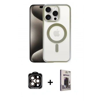 MARSİLYAN™- iPhone 15 Pro Max Kılıf Siluet Çizgi Serisi - Siyah Bilvis Hayalet Cam Ekran Koruyucu + PVD Metal Kamera Lens - TU