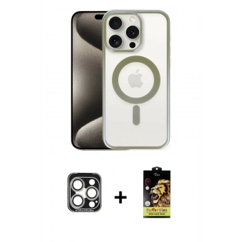 MARSİLYAN™- iPhone 15 Pro Max Kılıf Siluet Çizgi Serisi - Siyah Buffer Cam Ekran Koruyucu + PVD Metal Kamera Lens - GS