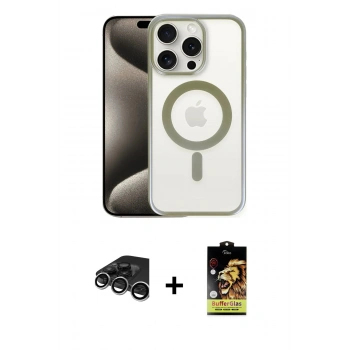 MARSİLYAN™- iPhone 15 Pro Max Kılıf Siluet Çizgi Serisi - Siyah Buffer Cam Ekran Koruyucu + Raze Metal Kamera Lens - GS