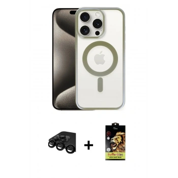 MARSİLYAN™- iPhone 15 Pro Max Kılıf Siluet Çizgi Serisi - Siyah Buffer Cam Ekran Koruyucu + Raze Metal Kamera Lens - SH