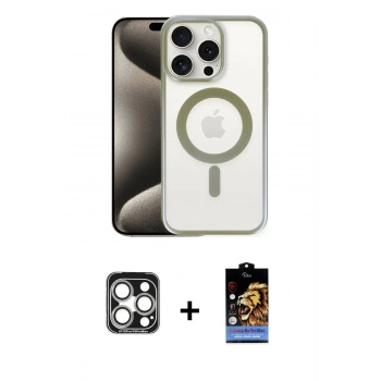 MARSİLYAN™- iPhone 15 Pro Max Kılıf Siluet Çizgi Serisi - Siyah Buffer Hayalet Cam Ekran Koruyucu + PVD Metal Kamera Lens - GS