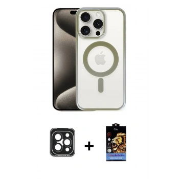 MARSİLYAN™- iPhone 15 Pro Max Kılıf Siluet Çizgi Serisi - Siyah Buffer Hayalet Cam Ekran Koruyucu + PVD Metal Kamera Lens - SH