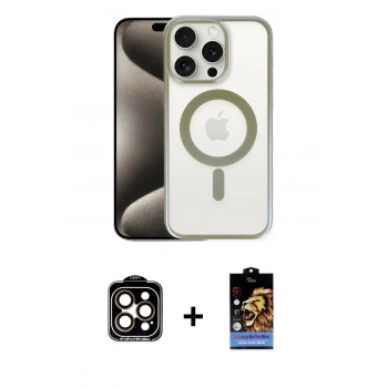 MARSİLYAN™- iPhone 15 Pro Max Kılıf Siluet Çizgi Serisi - Siyah Buffer Hayalet Cam Ekran Koruyucu + PVD Metal Kamera Lens - TU