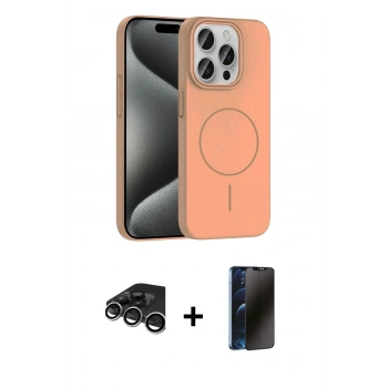 MARSİLYAN™- iPhone 15 Pro Max Kılıf Siluet Doku Özel Seri - Siyah 3D Antistatik Hayalet Cam Ekran Koruyucu + Raze Metal Kamera Lens - GS