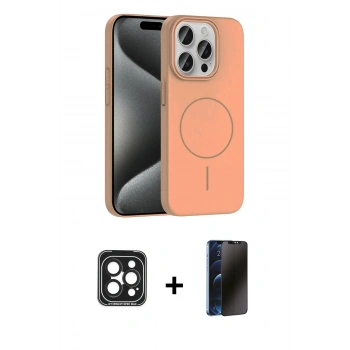 MARSİLYAN™- iPhone 15 Pro Max Kılıf Siluet Doku Özel Seri - Siyah 3D Antistatik Hayalet Cam Ekran Koruyucu + PVD Metal Kamera Lens - SH