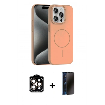 MARSİLYAN™- iPhone 15 Pro Max Kılıf Siluet Doku Özel Seri - Siyah 3D Antistatik Hayalet Cam Ekran Koruyucu + PVD Metal Kamera Lens - TU