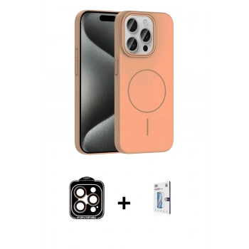 MARSİLYAN™- iPhone 15 Pro Max Kılıf Siluet Doku Özel Seri - Siyah Bilvis 0.18mm Plus Cam Ekran Koruyucu + PVD Metal Kamera Lens - TU