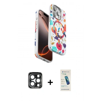 MARSİLYAN™- iPhone 15 Pro Max Kılıf Siluet Doku - Şeffaf Pasifik Cam Ekran Koruyucu + PVD Metal Kamera Lens - LT