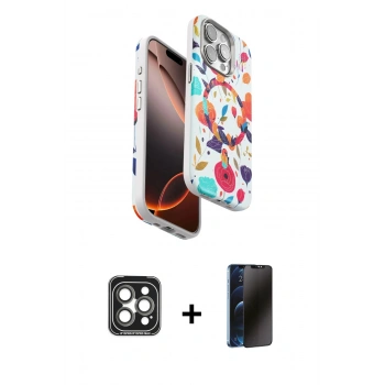 MARSİLYAN™- iPhone 15 Pro Max Kılıf Siluet Doku - Siyah 3D Antistatik Hayalet Cam Ekran Koruyucu + PVD Metal Kamera Lens - GI