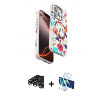 MARSİLYAN™- iPhone 15 Pro Max Kılıf Siluet Doku - Siyah 3D Antistatik Seramik Nano Ekran Koruyucu + Raze Metal Kamera Lens - GS