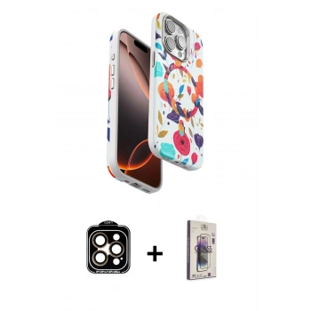 MARSİLYAN™- iPhone 15 Pro Max Kılıf Siluet Doku - Siyah Bilvis 3D Cam Ekran Koruyucu + PVD Metal Kamera Lens - TU