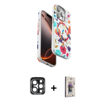 MARSİLYAN™- iPhone 15 Pro Max Kılıf Siluet Doku - Siyah Bilvis 3D Cam Ekran Koruyucu + PVD Metal Kamera Lens - LT