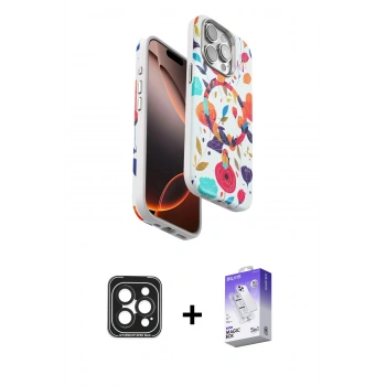 MARSİLYAN™- iPhone 15 Pro Max Kılıf Siluet Doku - Siyah Bilvis 5in1 3D Magic Cam Ekran Koruyucu + PVD Metal Kamera Lens - SH