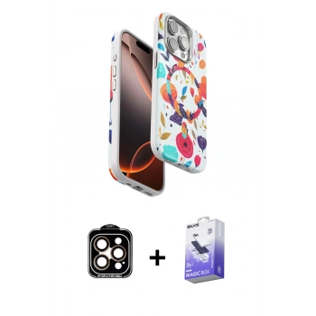 MARSİLYAN™- iPhone 15 Pro Max Kılıf Siluet Doku - Siyah Bilvis 5in1 5D Magic Hayalet Cam Ekran Koruyucu + PVD Metal Kamera Lens - TU