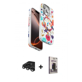MARSİLYAN™- iPhone 15 Pro Max Kılıf Siluet Doku - Siyah Bilvis Hayalet Cam Ekran Koruyucu + Raze Metal Kamera Lens - TMGI