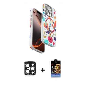 MARSİLYAN™- iPhone 15 Pro Max Kılıf Siluet Doku - Siyah Buffer Hayalet Cam Ekran Koruyucu + PVD Metal Kamera Lens - LT