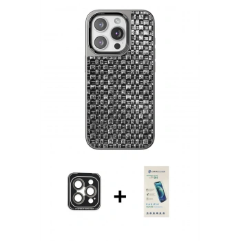 MARSİLYAN™- iPhone 15 Pro Max Kılıf Siluet Form Serisi - Şeffaf Pasifik Cam Ekran Koruyucu + PVD Metal Kamera Lens - GI