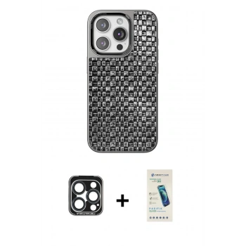 MARSİLYAN™- iPhone 15 Pro Max Kılıf Siluet Form Serisi - Şeffaf Pasifik Cam Ekran Koruyucu + PVD Metal Kamera Lens - LT