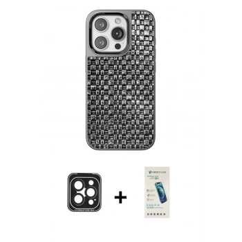 MARSİLYAN™- iPhone 15 Pro Max Kılıf Siluet Form Serisi - Şeffaf Pasifik Cam Ekran Koruyucu + PVD Metal Kamera Lens - SH