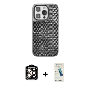 MARSİLYAN™- iPhone 15 Pro Max Kılıf Siluet Form Serisi - Şeffaf Pasifik Cam Ekran Koruyucu + PVD Metal Kamera Lens - TU