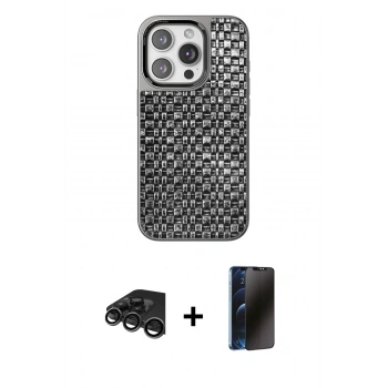 MARSİLYAN™- iPhone 15 Pro Max Kılıf Siluet Form Serisi - Siyah 3D Antistatik Hayalet Cam Ekran Koruyucu + Raze Metal Kamera Lens - TMGI