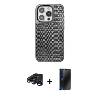 MARSİLYAN™- iPhone 15 Pro Max Kılıf Siluet Form Serisi - Siyah 3D Antistatik Hayalet Cam Ekran Koruyucu + Raze Metal Kamera Lens - LT