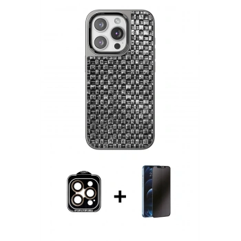 MARSİLYAN™- iPhone 15 Pro Max Kılıf Siluet Form Serisi - Siyah 3D Antistatik Hayalet Cam Ekran Koruyucu + PVD Metal Kamera Lens - TU