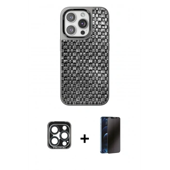 MARSİLYAN™- iPhone 15 Pro Max Kılıf Siluet Form Serisi - Siyah 3D Antistatik Hayalet Cam Ekran Koruyucu + PVD Metal Kamera Lens - LT