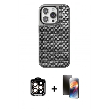 MARSİLYAN™- iPhone 15 Pro Max Kılıf Siluet Form Serisi - Siyah 3D Antistatik Mat Seramik Nano Ekran Koruyucu + PVD Metal Kamera Lens - TU